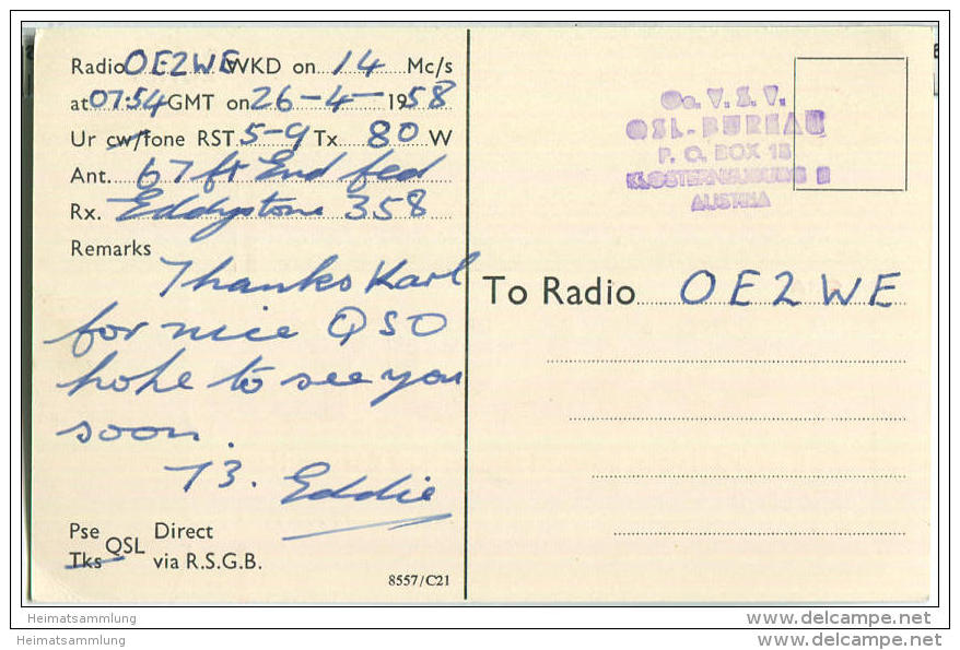 QSL - QTH - Funkkarte - G3LUY - Great Britain - Herts - 1958 - Amateurfunk