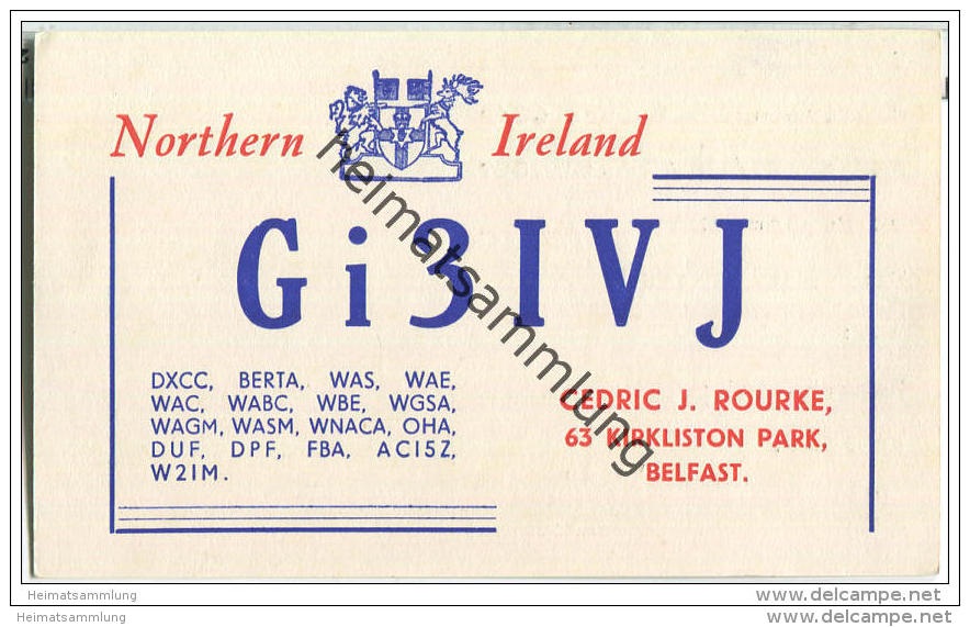 QSL - QTH - Funkkarte -GI3IVJ - Northern Ireland - Belfast - 1957 - Amateurfunk