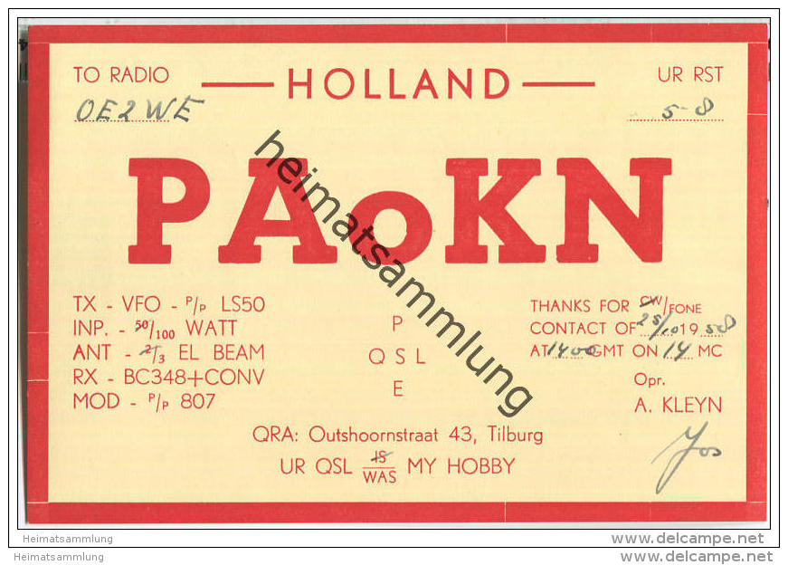 QSL - QTH - Funkkarte - PA0KN - Holland - Tilburg - 1958 - Amateurfunk