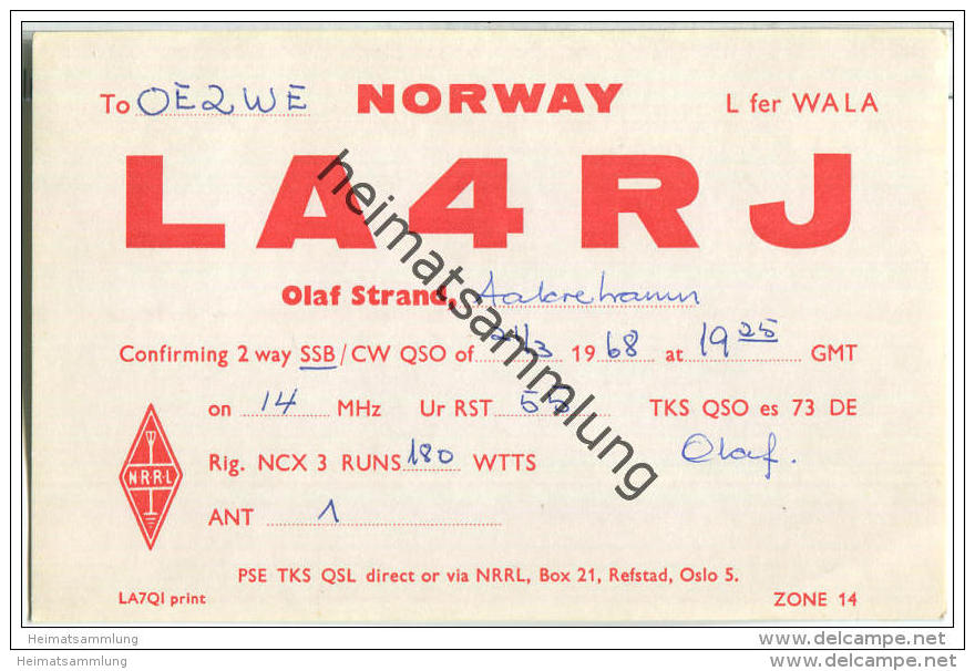 QSL - QTH - Funkkarte - LA4RJ - Norway - 1968 - Amateurfunk