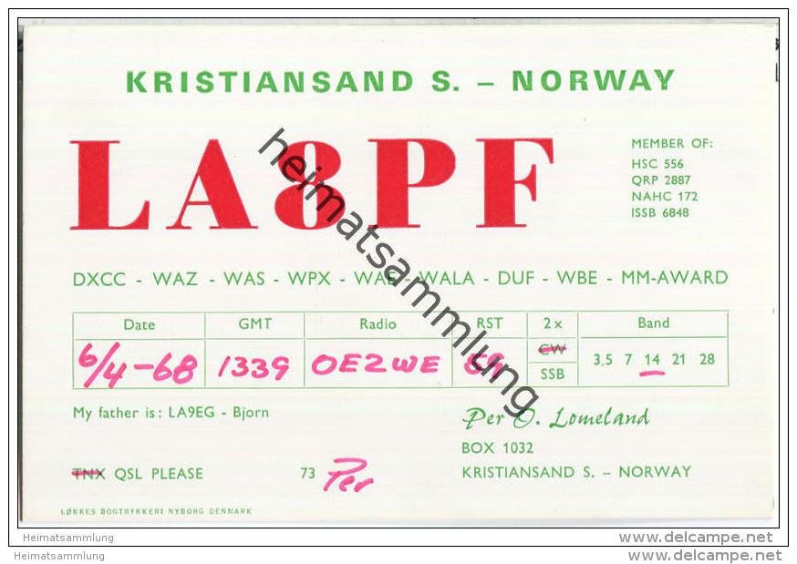 QSL - QTH - Funkkarte - LA8PF - Norway - Kristiansand - 1968 - Amateurfunk