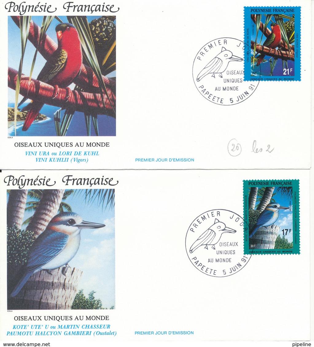 French Polynesia FDC 5-6-1991 BIRDS Complete Set Of 2 On 2 Cover  With Cachet - FDC