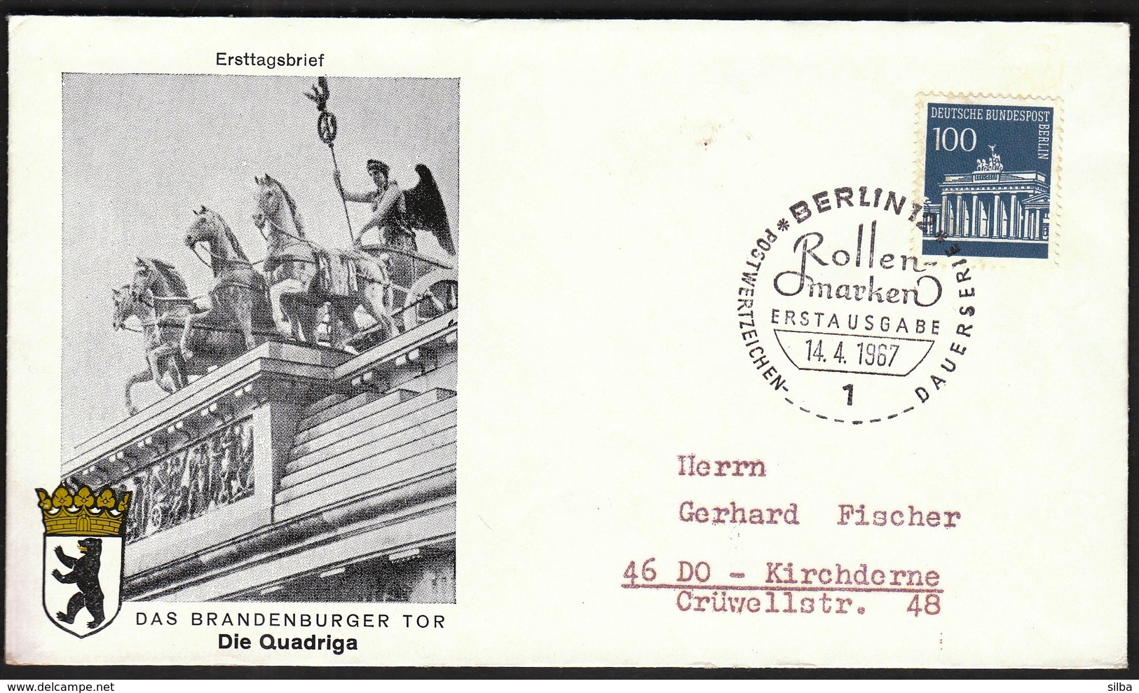 Germany Berlin 1967 / Dauerserie Rollenmarken / Das Branderburger Tor, Die Quadriga / FDC - Rolstempels