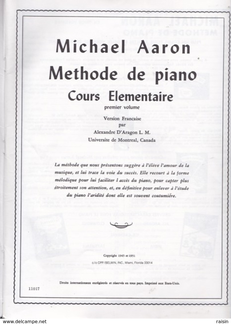 Méthode De Piano Michael Aaron Cours  Elémentaire Premier Volume Par Alexandre'Aragon L.M. 11017 TBE - Textbooks