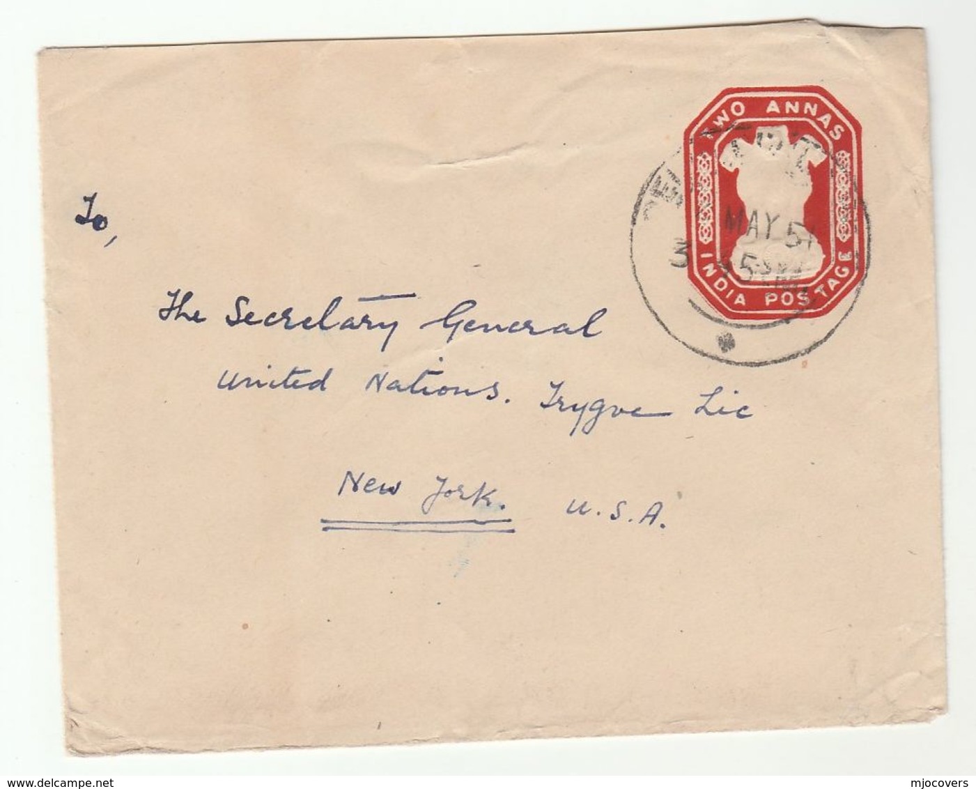 1951 INDIA Stationery COVER To UN SECRETARY GENERAL TRYGVE LIE  USA United Nations UPRATED With Stamp On Back - Covers & Documents