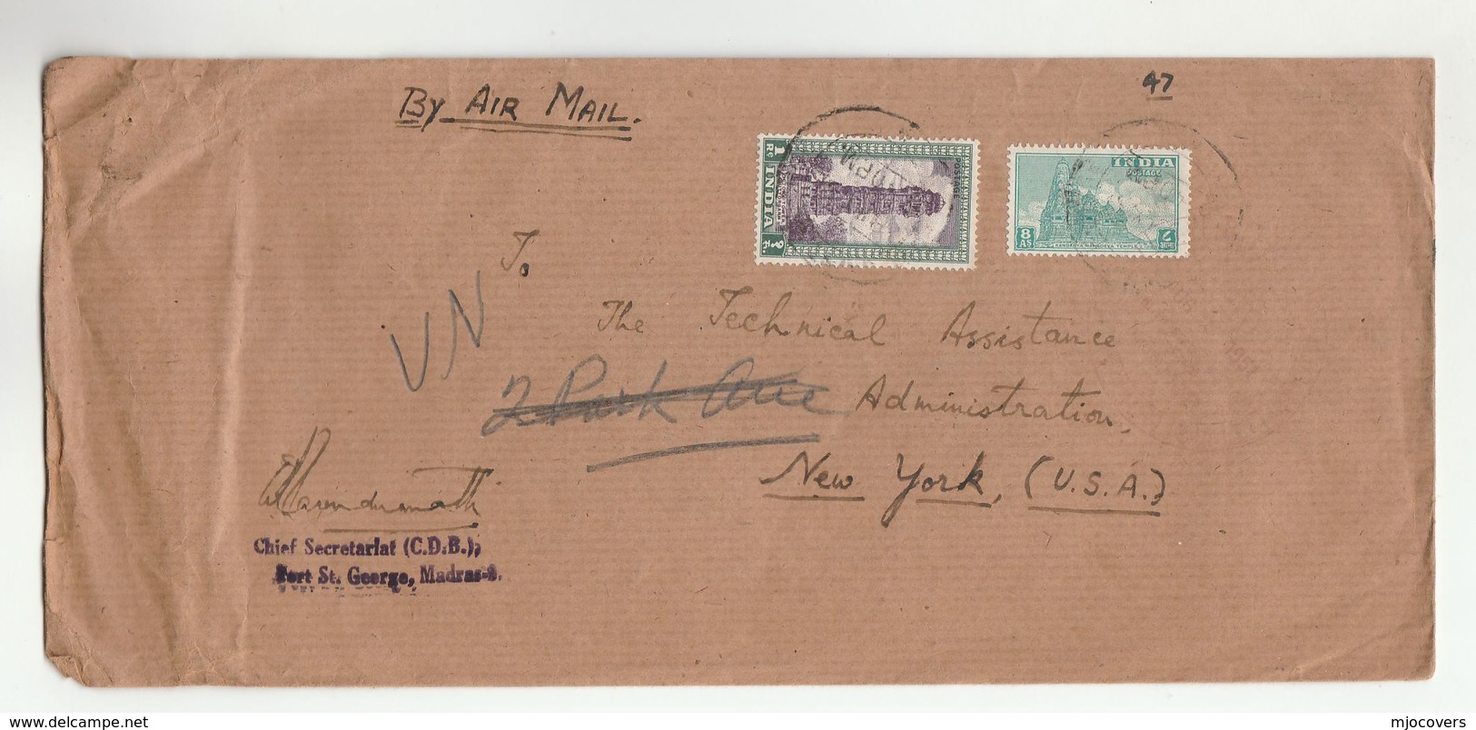 1950s INDIA COVER CDB PORT ST GEORGE To  'TECHNICAL ASSISTANCE ADMIN' NY REDIRECTED To UN United Nations Stamps - UNO