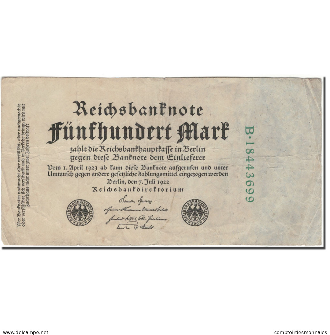 Billet, Allemagne, 500 Mark, 1922-07-07, KM:74c, TB+ - 500 Mark