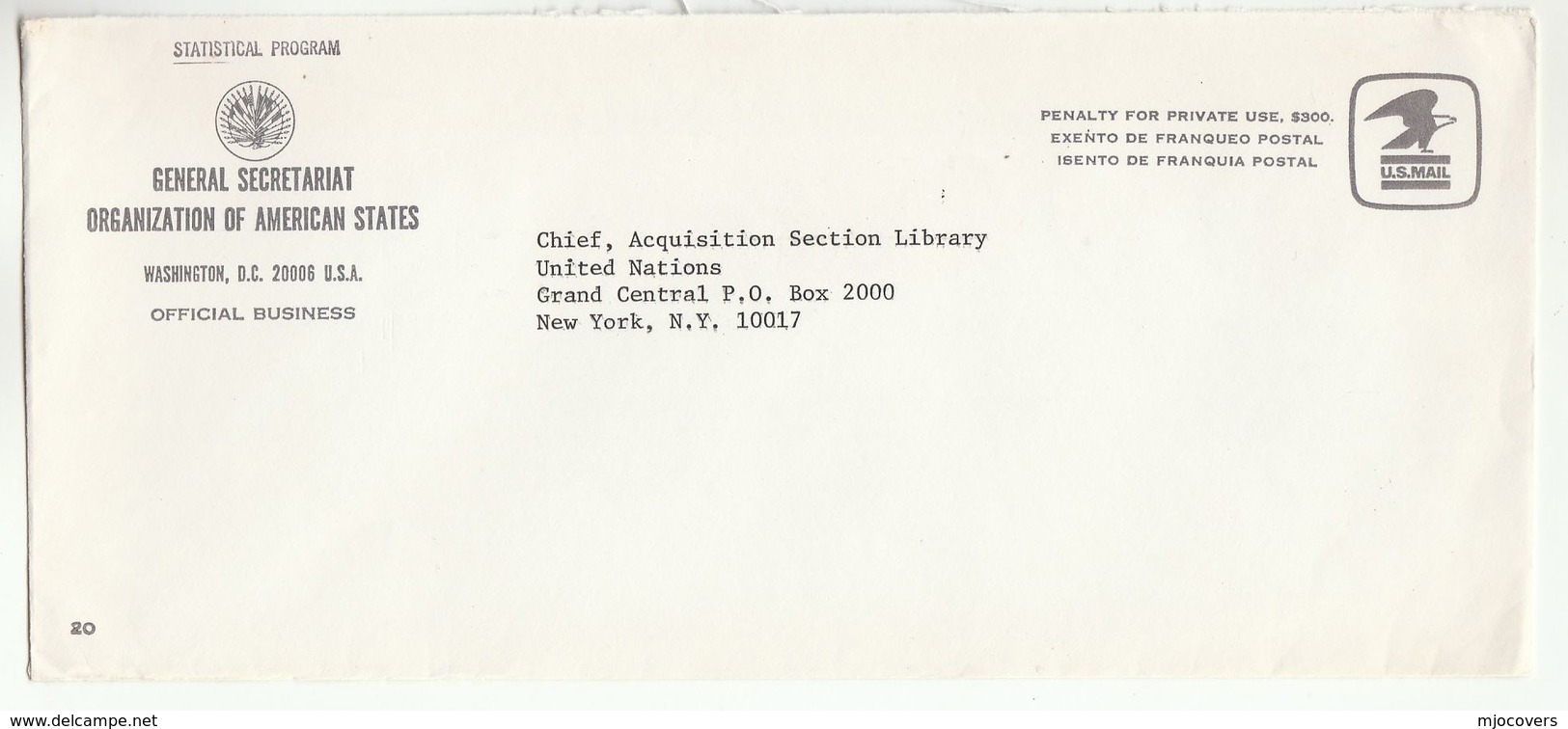 USA GENERAL SECRETARIAT ORG.of AMERICAN STATES STATISTICS DIV Official Business To UN United Nations STATIONERY COVER - UNO