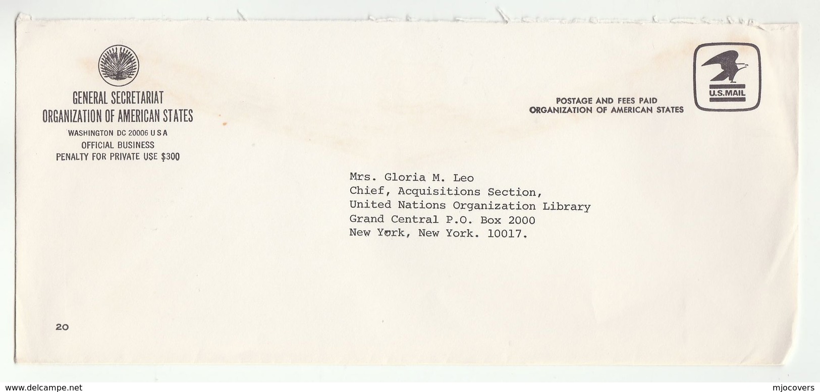 USA GENERAL SECRETARIAT ORGANIZATION.of AMERICAN STATES Official Business To UN United Nations STATIONERY COVER - UNO