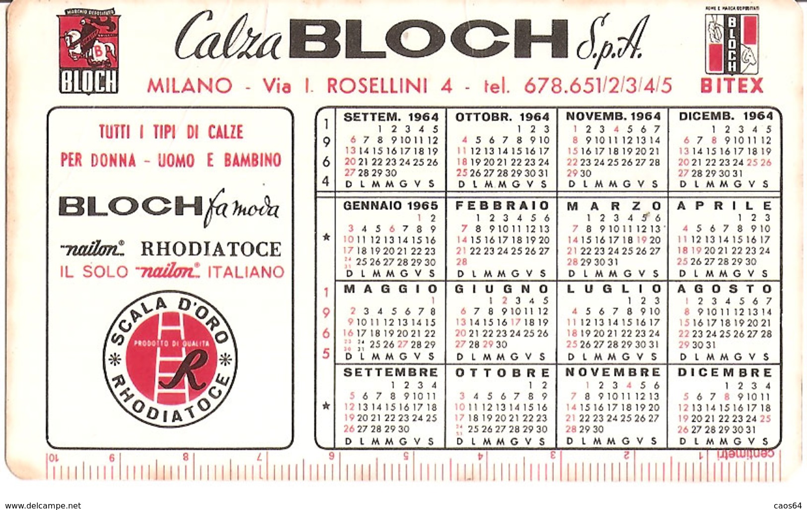 CALZA BLOCH 1964  CON CAMPIONATO DI CALCIO SERIE A CALENDARIO - Small : 1961-70