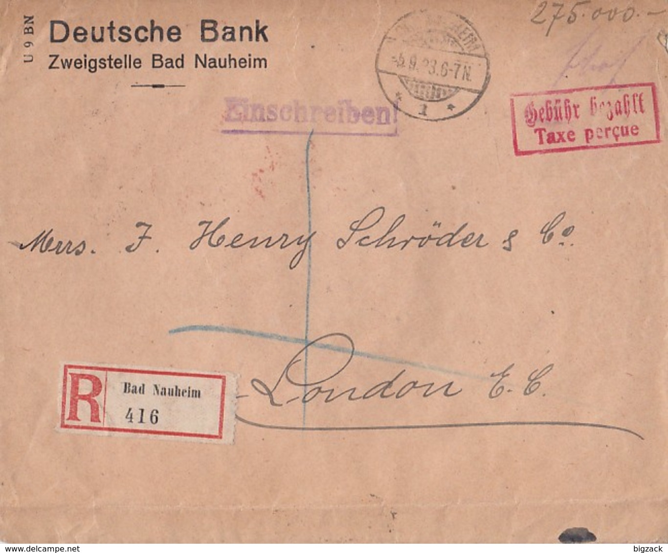 DR R-Brief Gebühr Bezahlt Bad Nauheim 5.9.23 Gel. Nach England - Briefe U. Dokumente