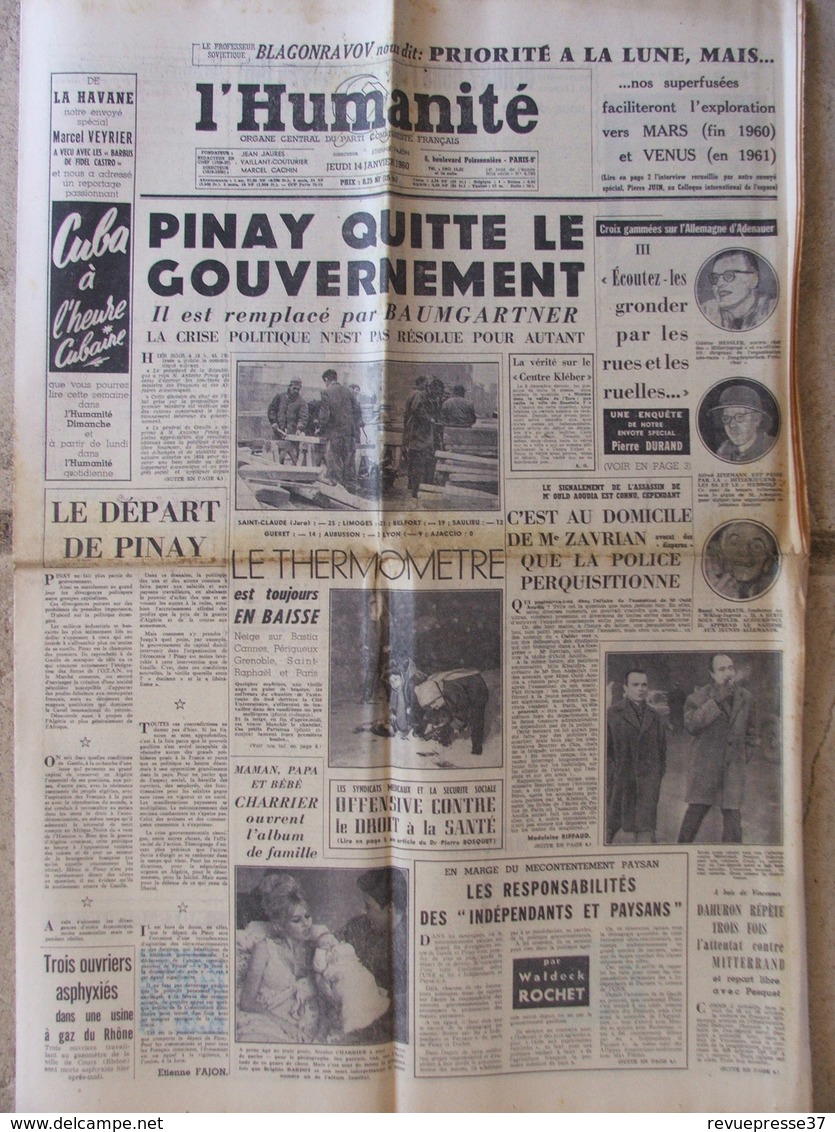 Journal L'Humanité (14 Janv 1960) Pinay Gouvernement - Priorité à La Lune - O Aoudia - B Bardot - - 1950 à Nos Jours