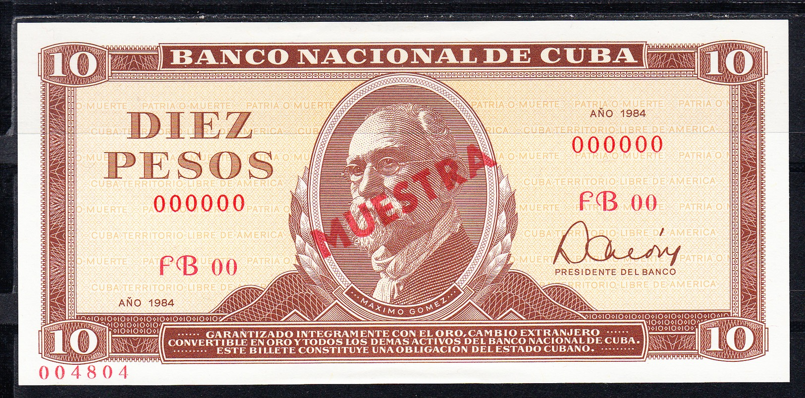 CUBA  1984 10 PESOS. MÁXIMO GÓMEZ. NUEVO. MUESTRA . PICK CS18 .B1218 - Cuba