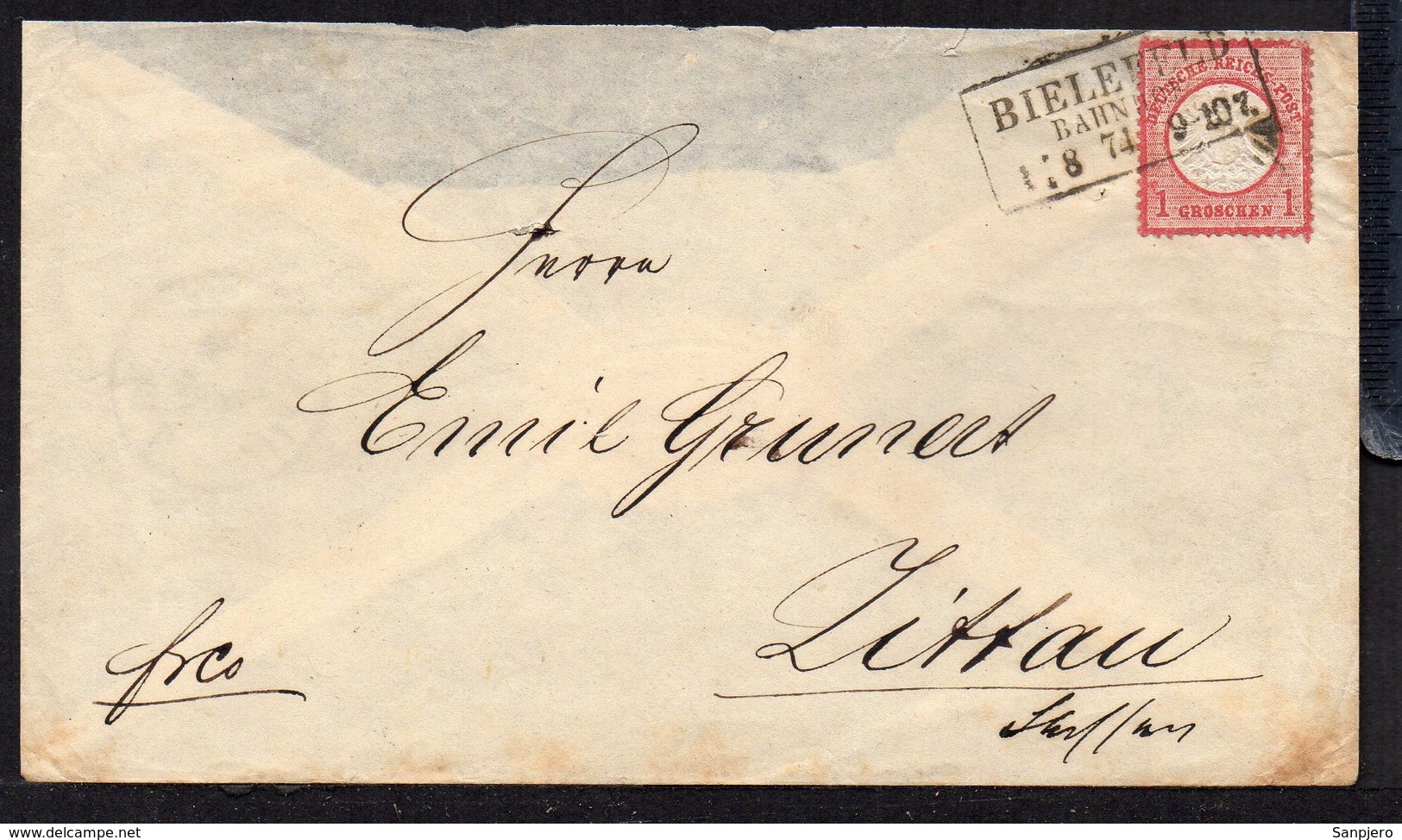 GERMANY EMPIRE 1874. LETTER BRUSTSCHILDE 1 GR MiNr19 BIELEFELD TO ZITTAU WITH SIEGELMARKE - Brieven En Documenten