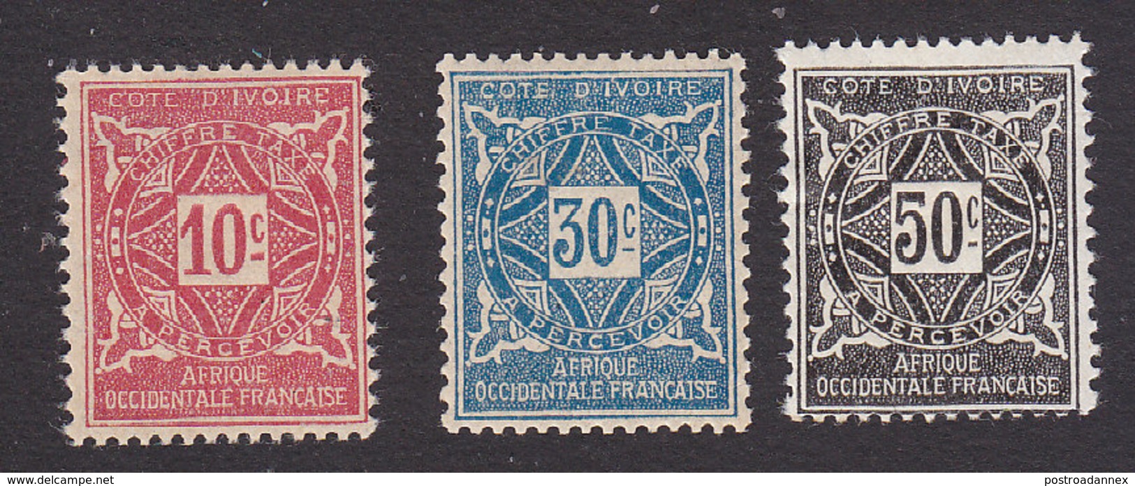 Ivory Coast, Scott #J10, J13, J14, Mint Hinged, Postage Due, Issued 1914 - Unused Stamps