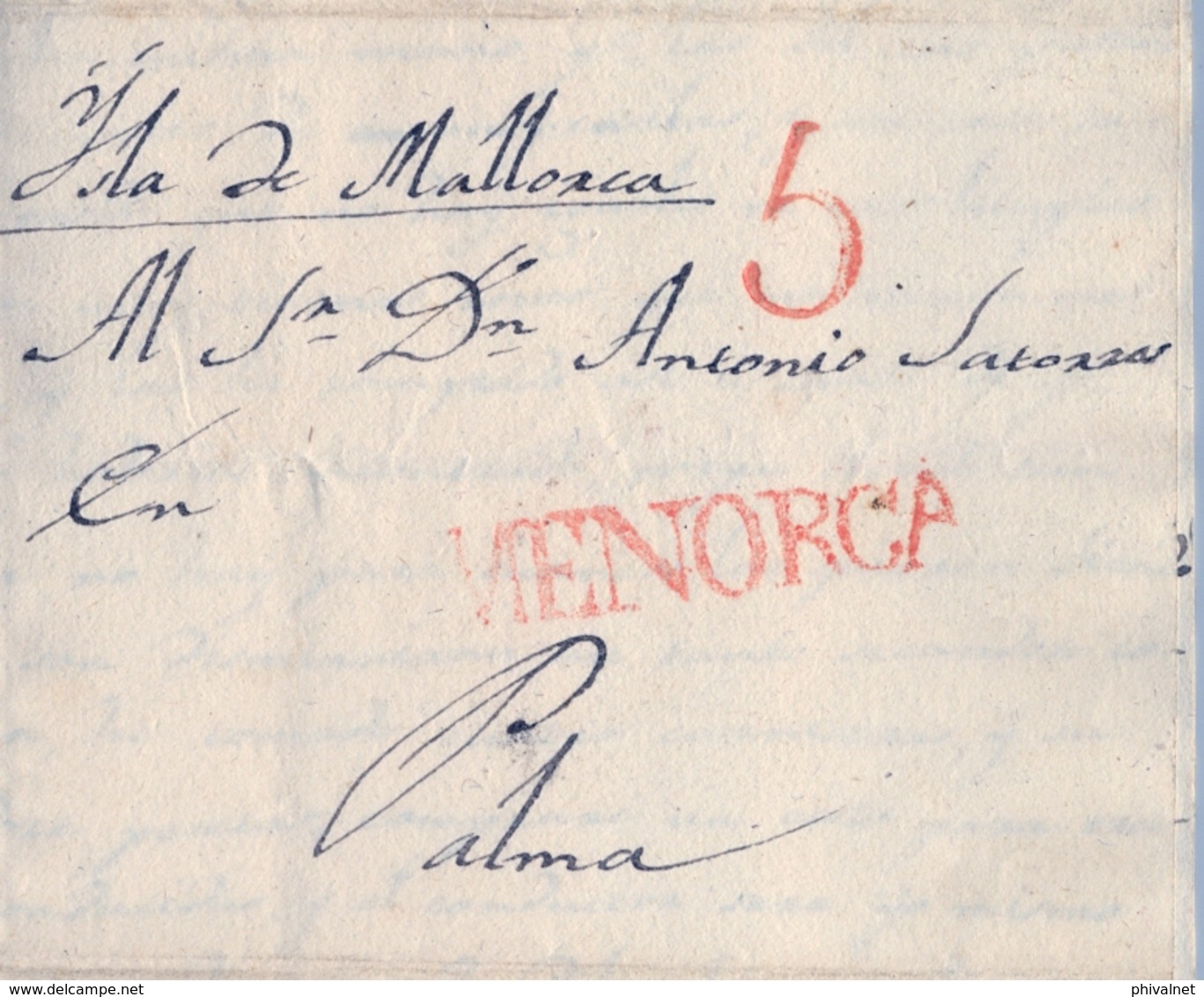 PREFILATELIA , 1840 , CARTA COMPLETA , ISLAS BALEARES - MENORCA , MAHÓN - PALMA , T. 5 - ...-1850 Préphilatélie