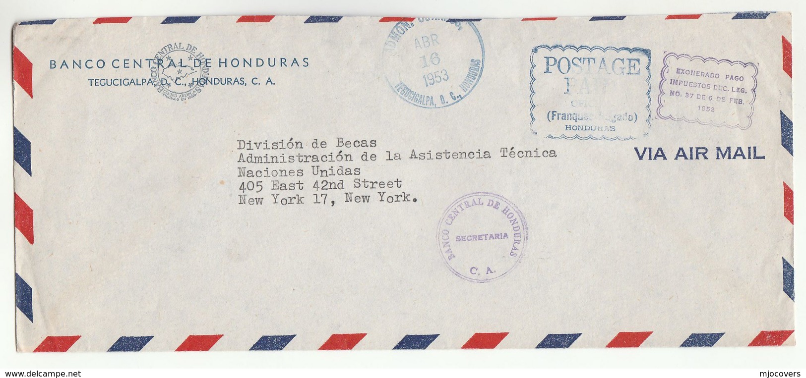 1953 BANCO CENTRAL DE HONDURAS To UN NY USA COVER Postage Paid Exonerado Pagado United Nations Airmail Banking Finance - Honduras