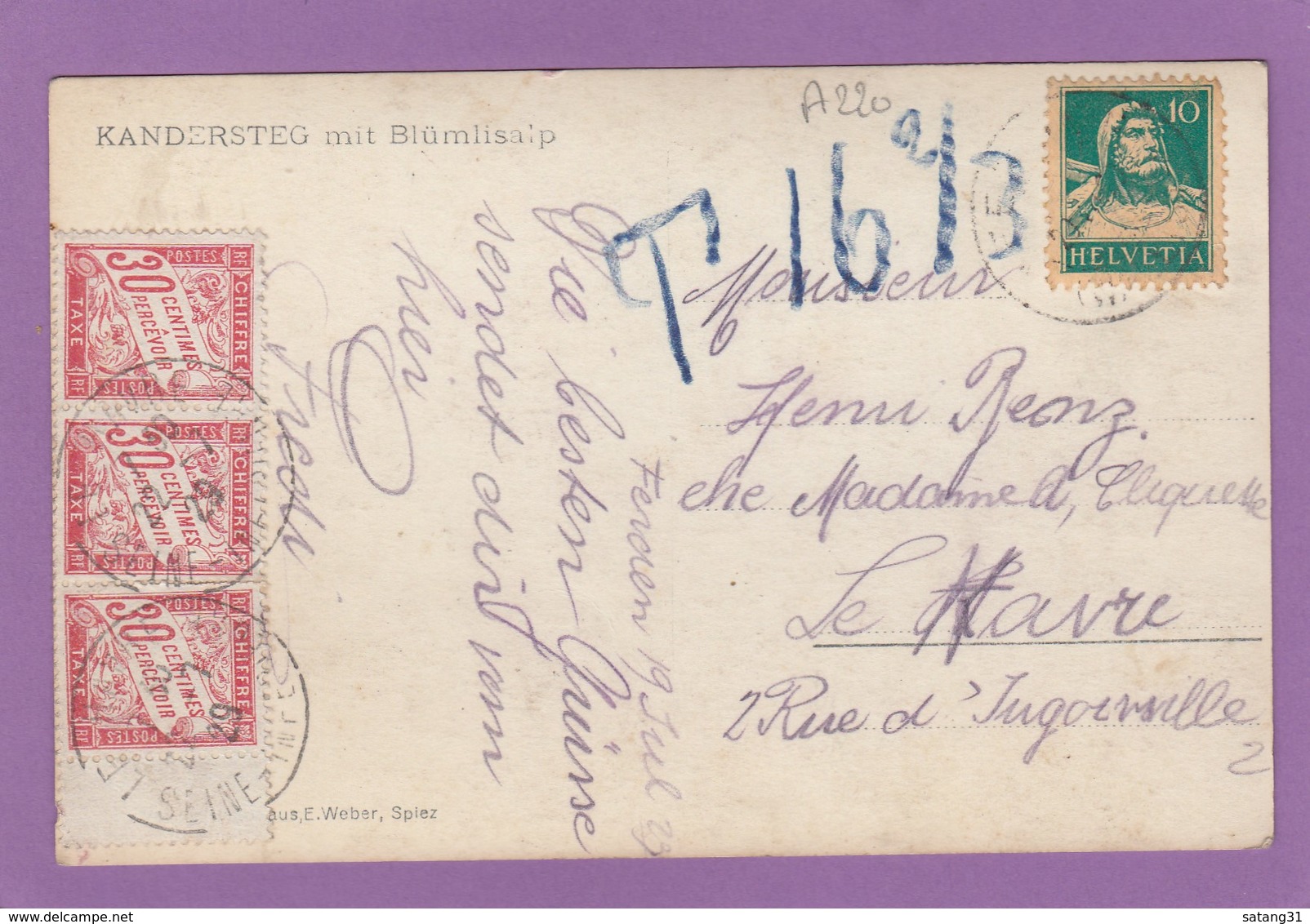 CARTE POSTALE DE SUISSE TAXÉE AU HAVRE. - 1859-1959 Lettres & Documents