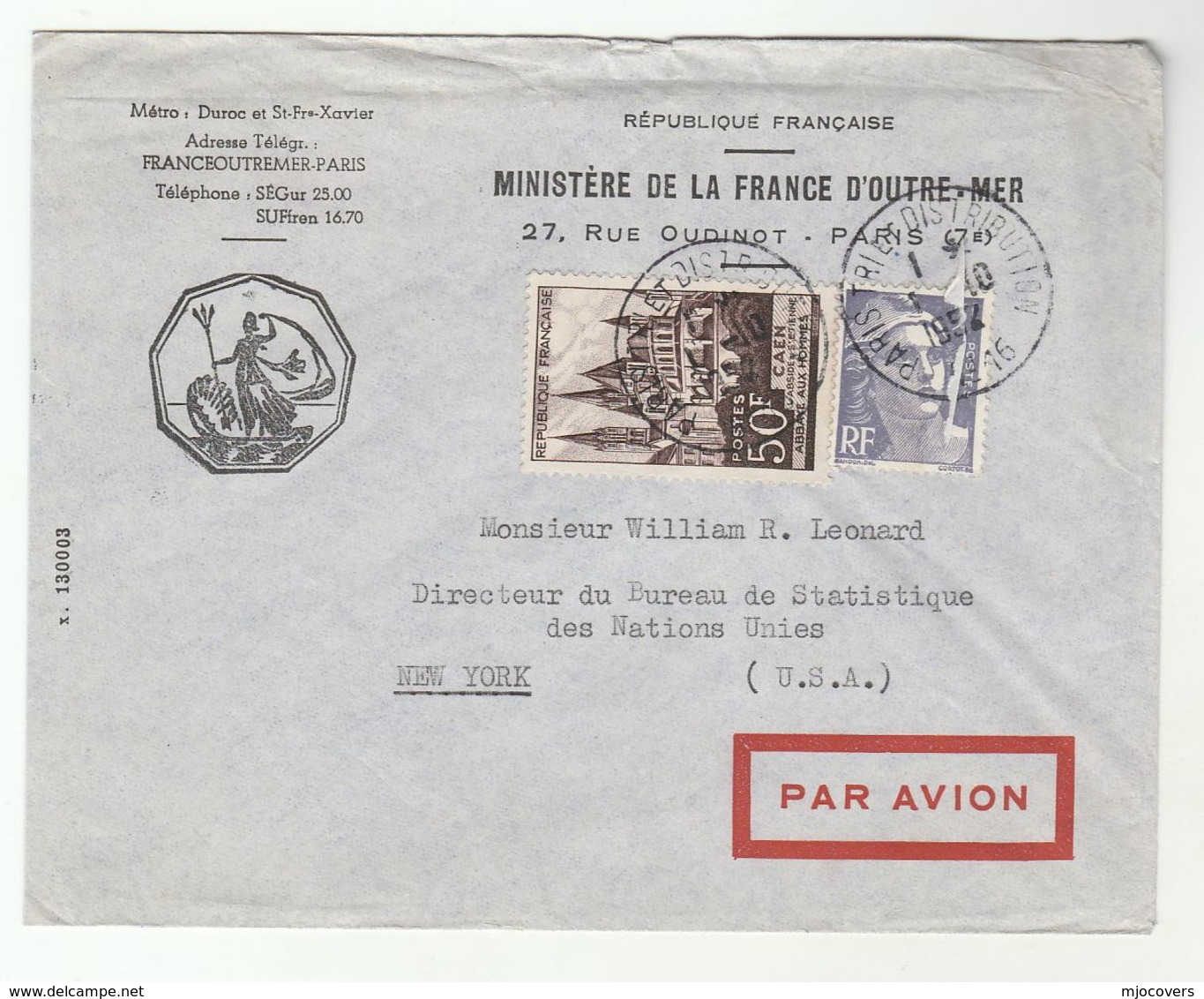 1952 FRANCE SEA MINISTRY To UN STATISTICS BUREAU USA Marianne De Gandon Caen Stamps United Nations Cover - Covers & Documents