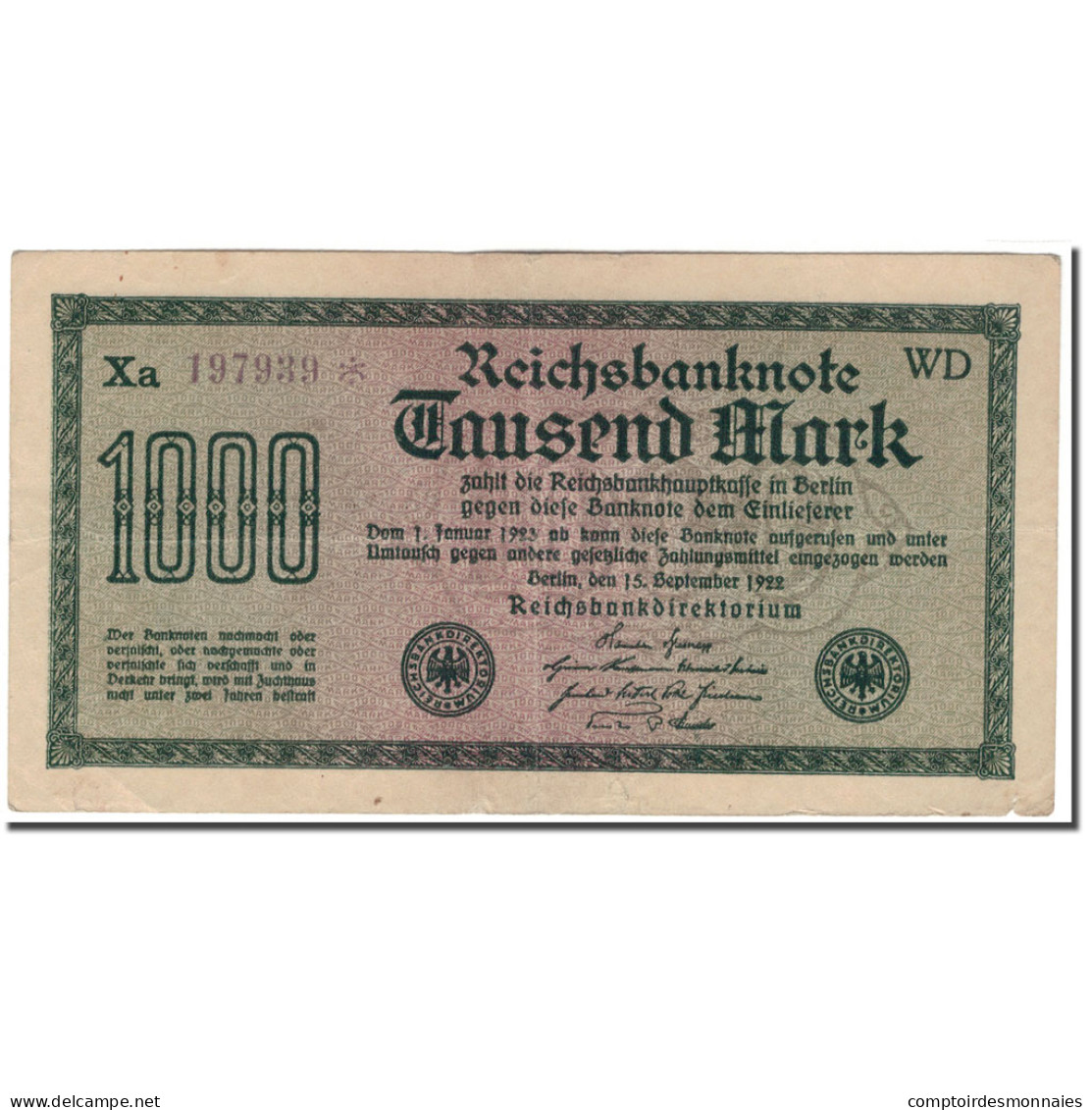 Billet, Allemagne, 1000 Mark, 1922-09-15, KM:76d, TTB+ - 1000 Mark