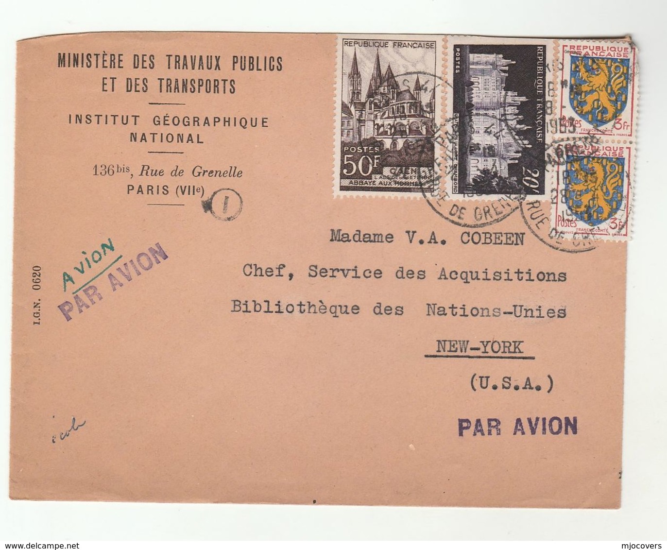 1953 France NAT. GEOGRAPHICAL INSTITUTE To UN LIBRARY NY USA Stamps United Nations Cover - UNO