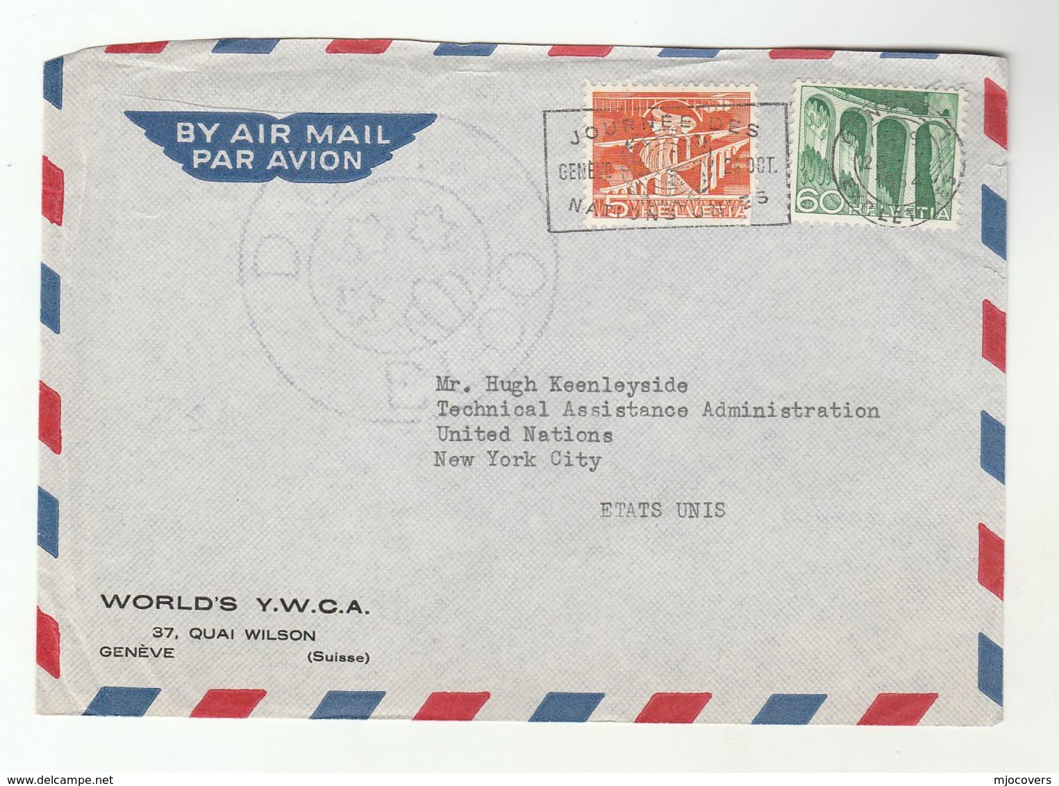 1954 WORLDS VWCA SWITZERLAND Cover SLOGAN Pmk UNITED NATIONS DAY GENEVE To UN USA Airmail - Covers & Documents