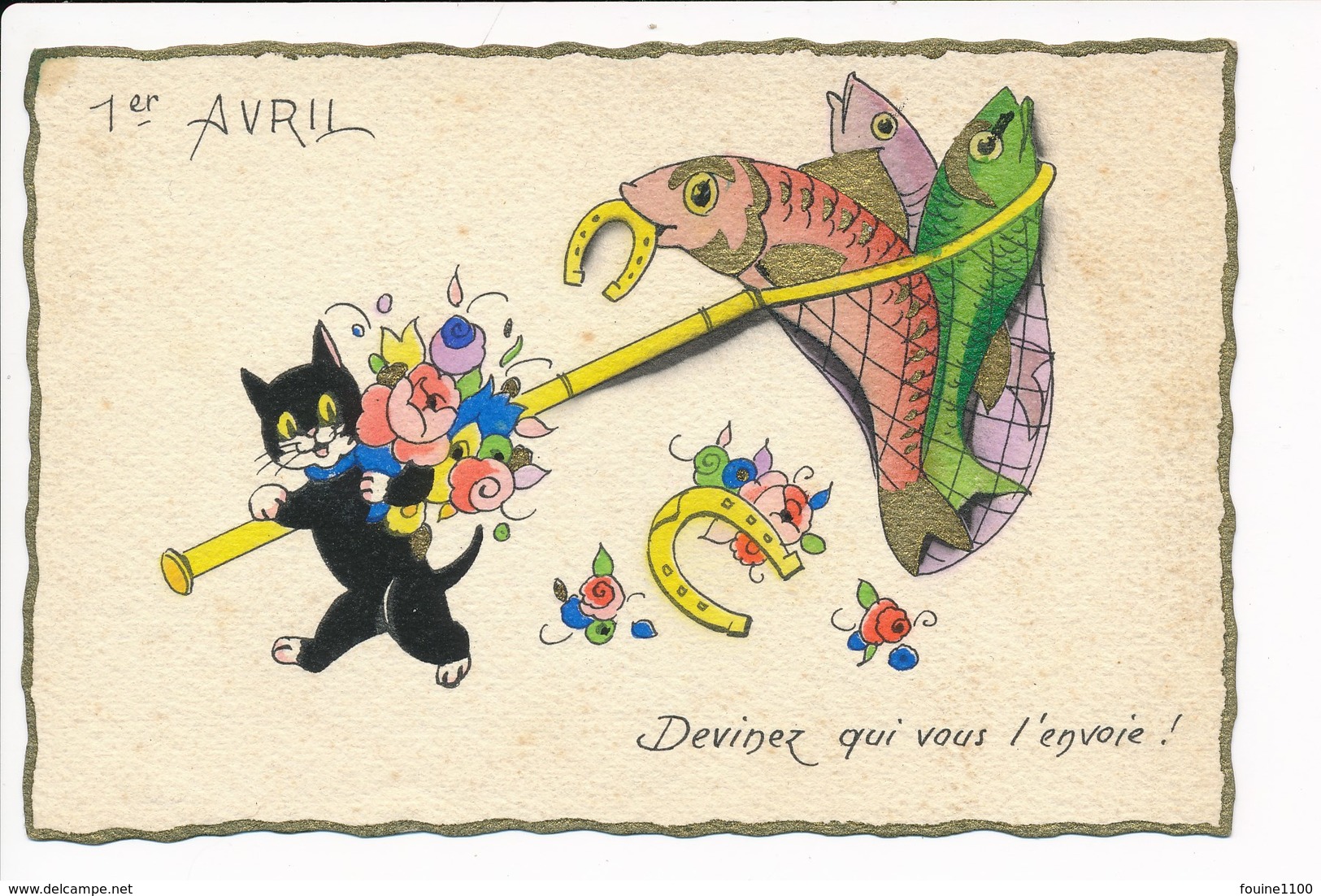 Carte De 1er Avril Chat Noir  Fer à Cheval Poisson ( Paris I.d. A )( Format C.P.A ) ( Recto Verso ) - Altri & Non Classificati