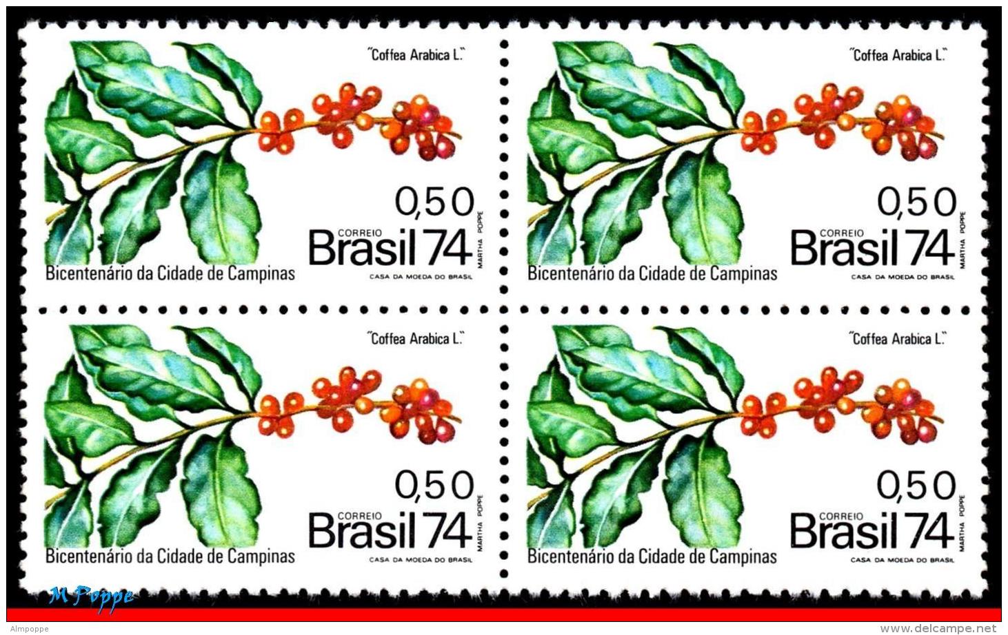 Ref. BR-1366-Q BRAZIL 1974 AGRICULTURE, BRANCH OF COFFEE, CITY OF, CAMPINAS, 200 YEARS, MI# 1458,BLOCK MNH 4V Sc# 1366 - Agriculture