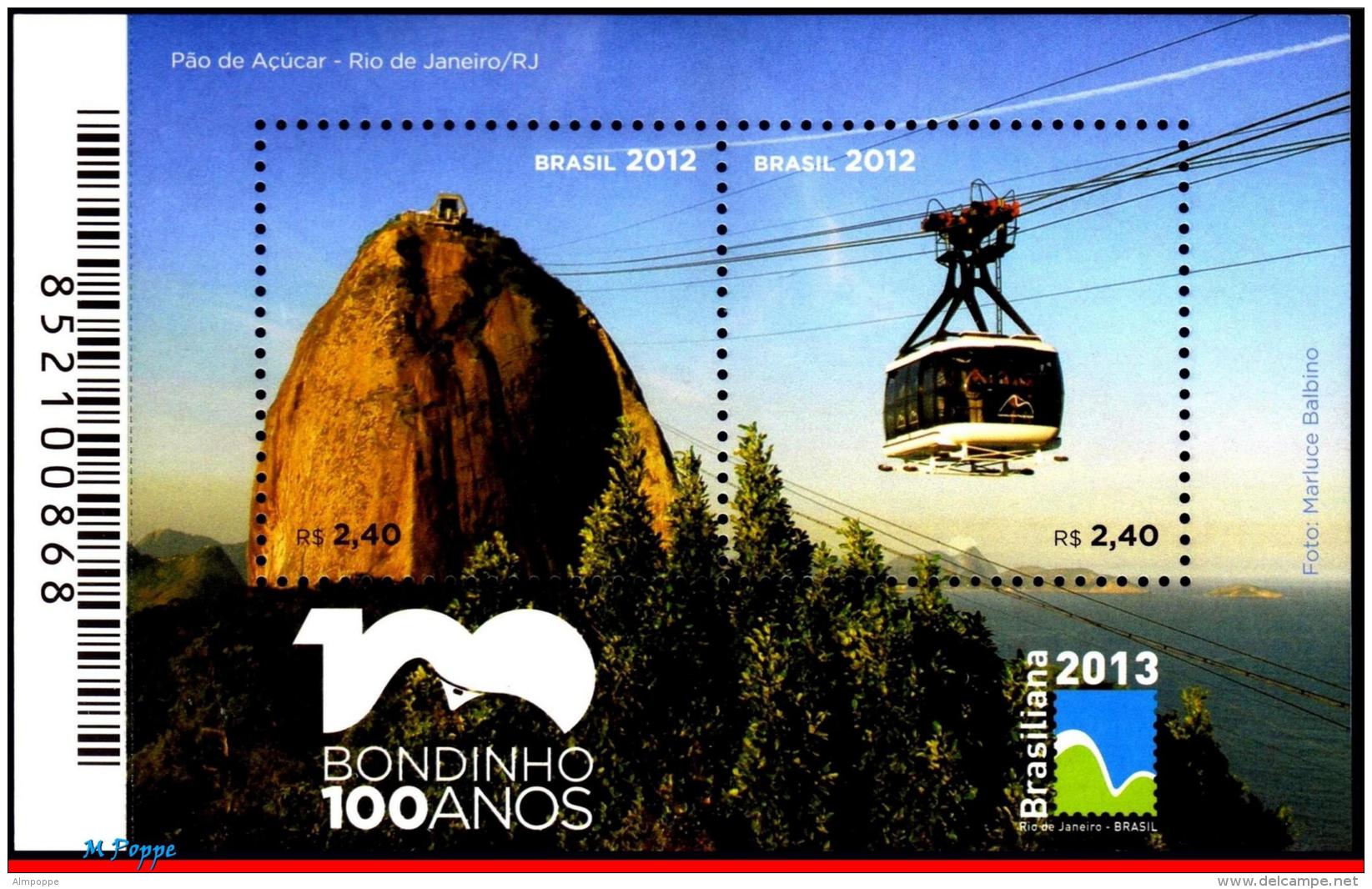 Ref. BR-3232 BRAZIL 2012 TRANSPORT, "PAO DE ACUCAR", CENT.,, CABLE CAR, RIO , BRASILIANA 2013,S/S MNH 2V Sc# 3232 - Blocks & Sheetlets