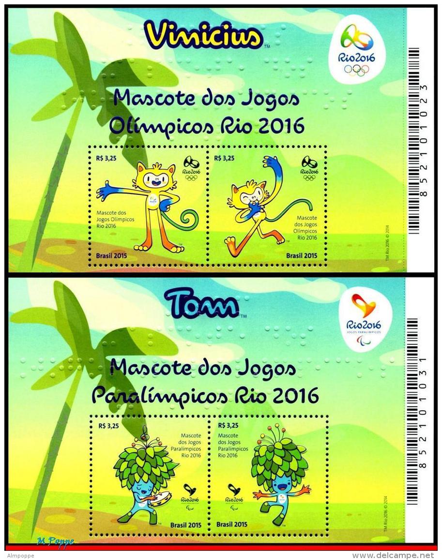 Ref. BR-3319-20 BRAZIL 2015 SPORTS, OLYMPIC AND PARALYMPIC, GAMES, RIO 2016, MASCOTS, 2 S/S MNH 4V Scott 3319 3320 - Summer 2016: Rio De Janeiro