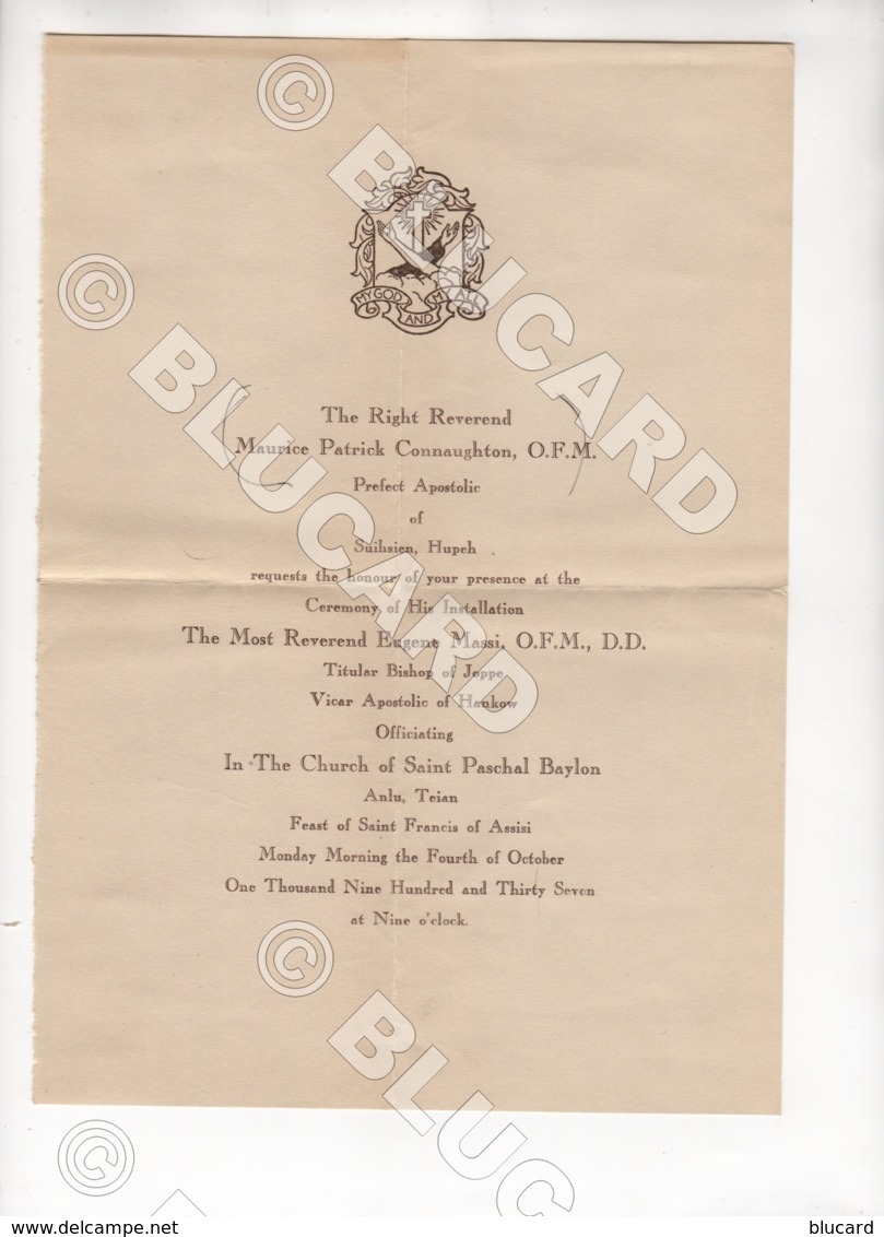 29106 CHINA 1937 HANKOW ANLU SUIHSIEN INVITATION LETTER CEREMONY BISHOP - Documenti Storici