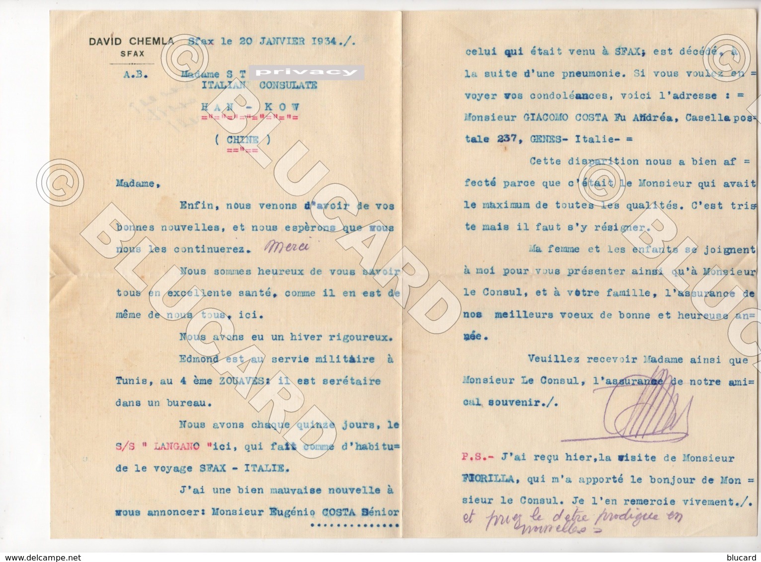 29124 CHINA / TUNISIE 1934 LETTER 2 PAGES WITH ENVELOPE / CUT STAMP FROM SFAX / DAVID CHEMLA TO HANKOW - Documenti Storici