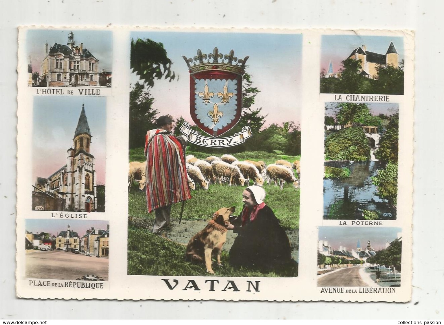 Cp ,36 , VATAN , Indre , Multi Vues , Folklore ,BERRY , Blason, Voyagée 1956, Ed. Et Photo Au Bromure Roussel - Other & Unclassified