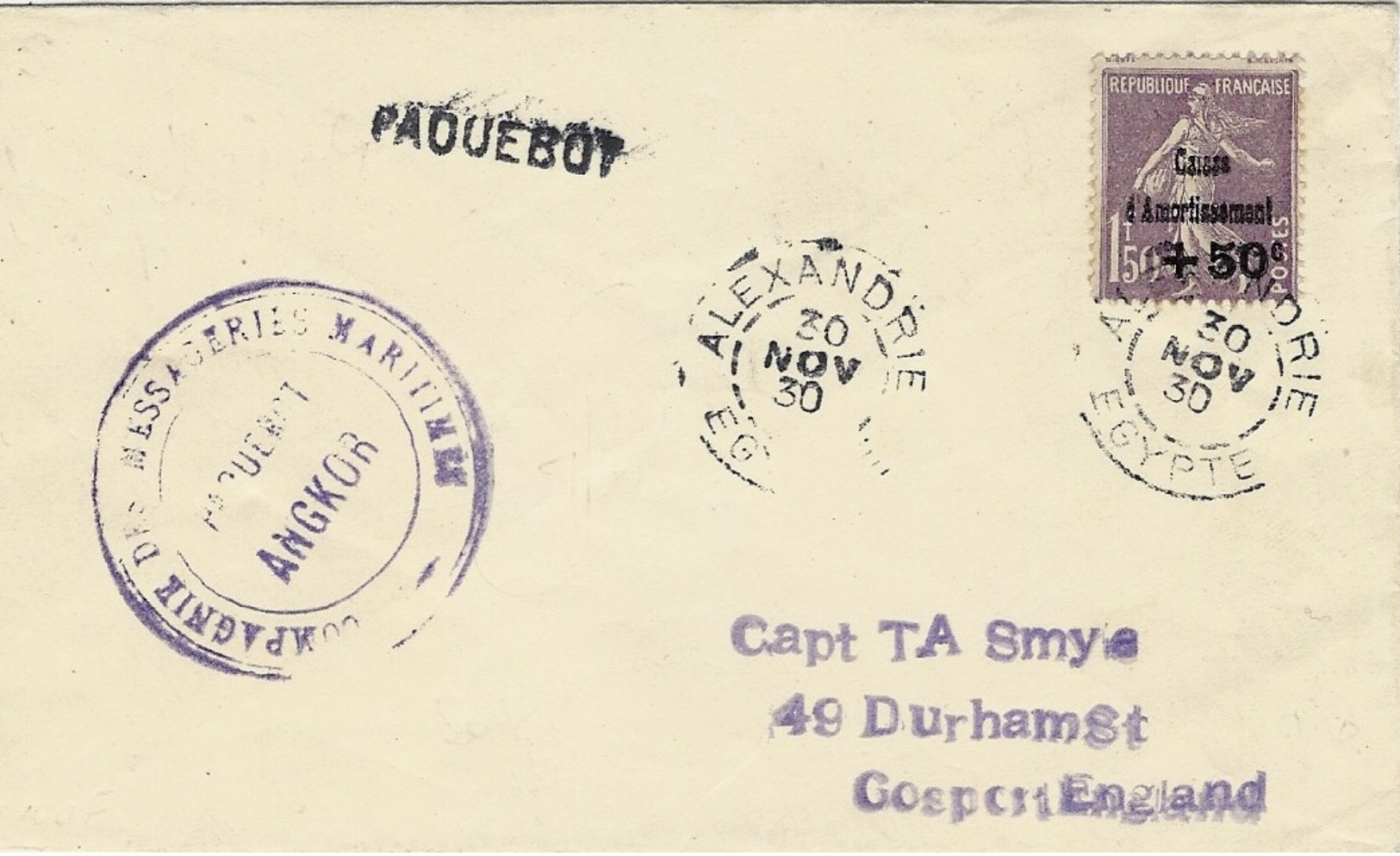 1930- Enveloppe Affr. N°268 SEUL  Oblit; D'Alexandrie ( Egypte ) Avec Cachet PAQUEBOT " ANGKOR " - Poste Maritime