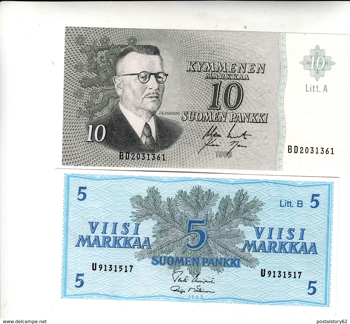 Finlandia 2 Banconote 5 E 10  Markkaa  Uncirculade 1963 - Finlandia