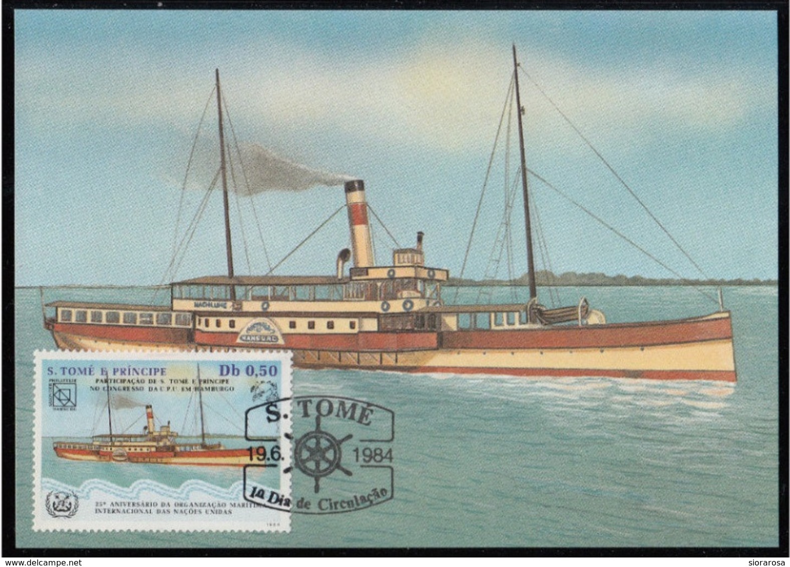 752b S. Tomé E Principe 1984 Navi A Vapore Maximum Card HAMBURG  (1893) Steamers Maxi - Sao Tomé E Principe