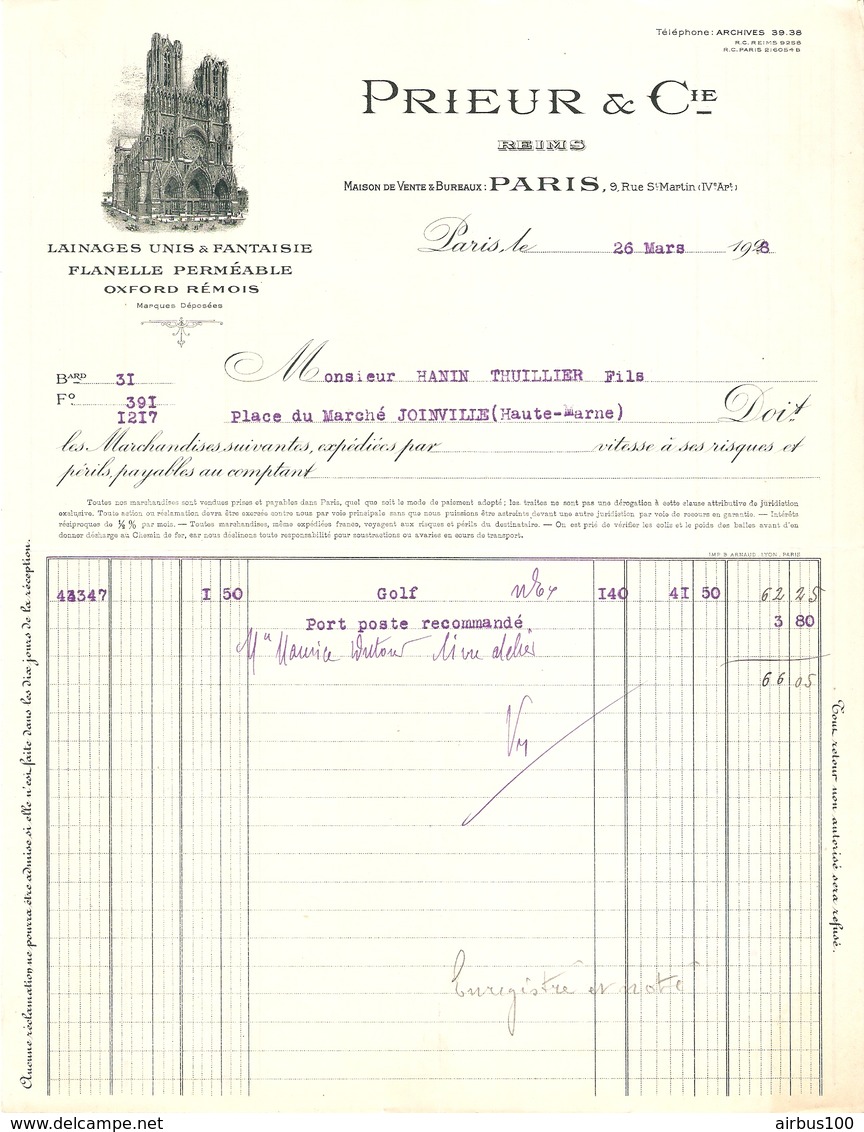 FACTURE 1928 PRIEUR & Cie FLANELLE OXFORD RÉMOIS - 9 RUE St MARTIN PARIS 4 ème - DESSIN CATHÉDRALE DE REIMS - JOINVILLE - Vestiario & Tessile