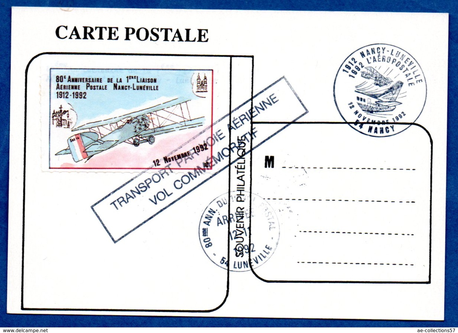 Carte / 80 ème Anniversaire De La 1 ère Liaison Aéropostale Nancy-Lunéville / 12 Novembre 1992 - 1990-1999