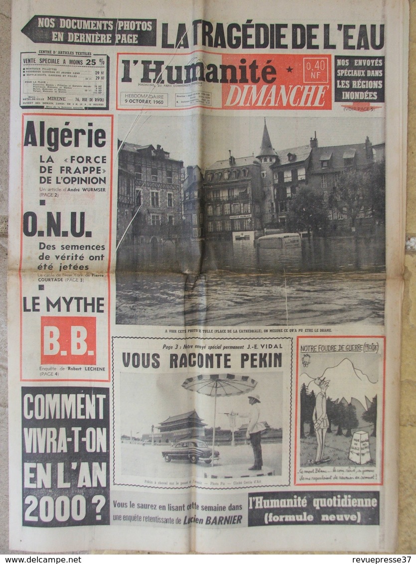 Journal L'Humanité Dimanche (9 Oct 1960) Algérie - Tulle Brive Aubusson Inondées - ONU - Brigitte Bardot - - 1950 - Today