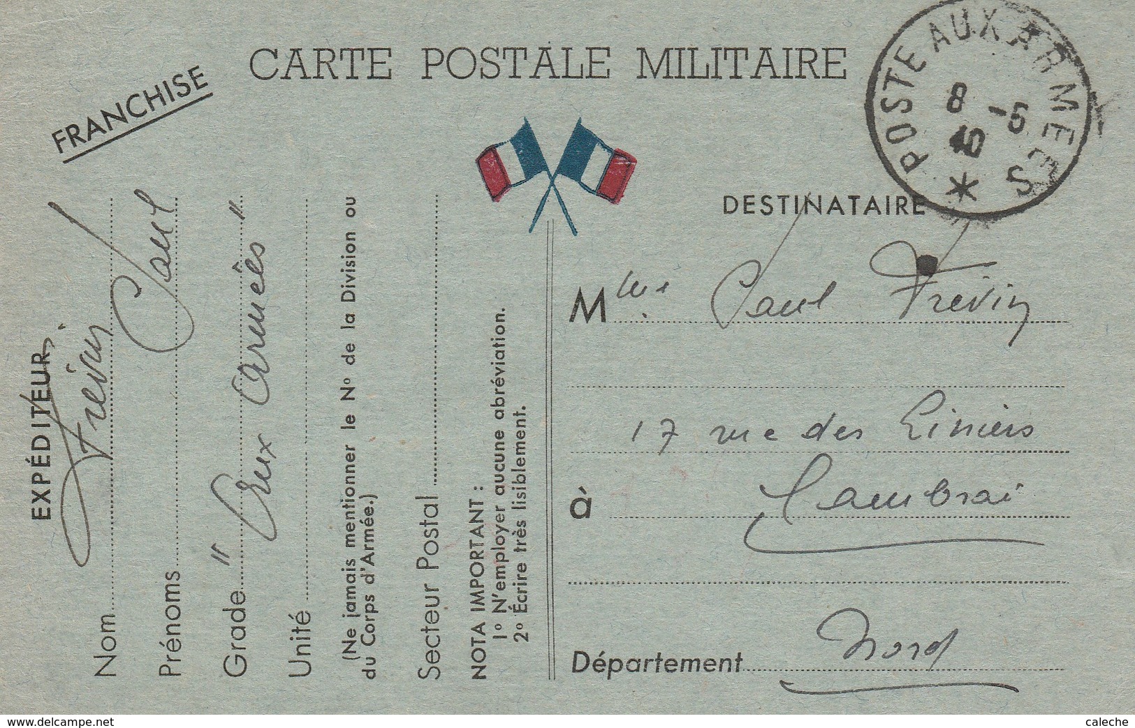 8 Mai 1940 / Carte Postale Militaire Française Vers Cambrai(Nord) -Poste Aux Armées Sans N° - WW II (Covers & Documents)