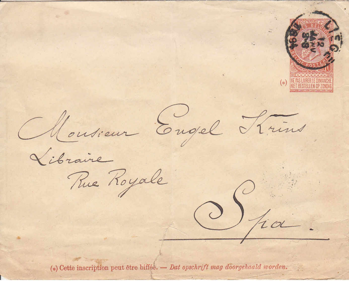 BELGIQUE - 1894 - Entier Postal (enveloppe) De Liège Pour La Spa - Covers