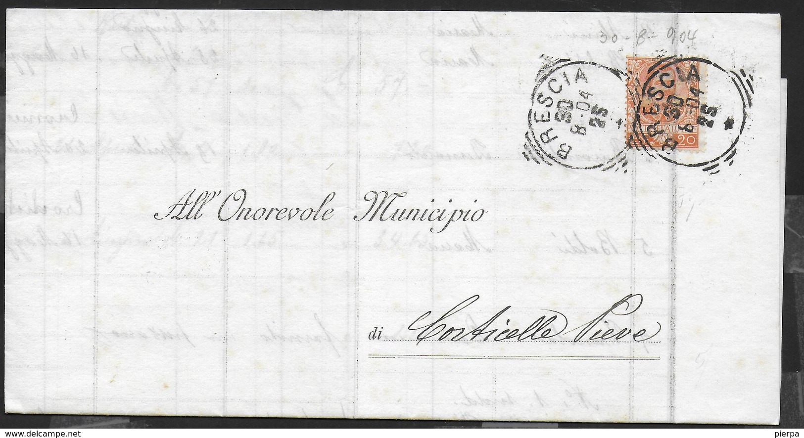 STORIA POSTALE REGNO - ANNULLO TONDO RIQUADRATO BRESCIA 30.08.1904 SU PIEGO PER CORTICELLA PIEVE - Storia Postale