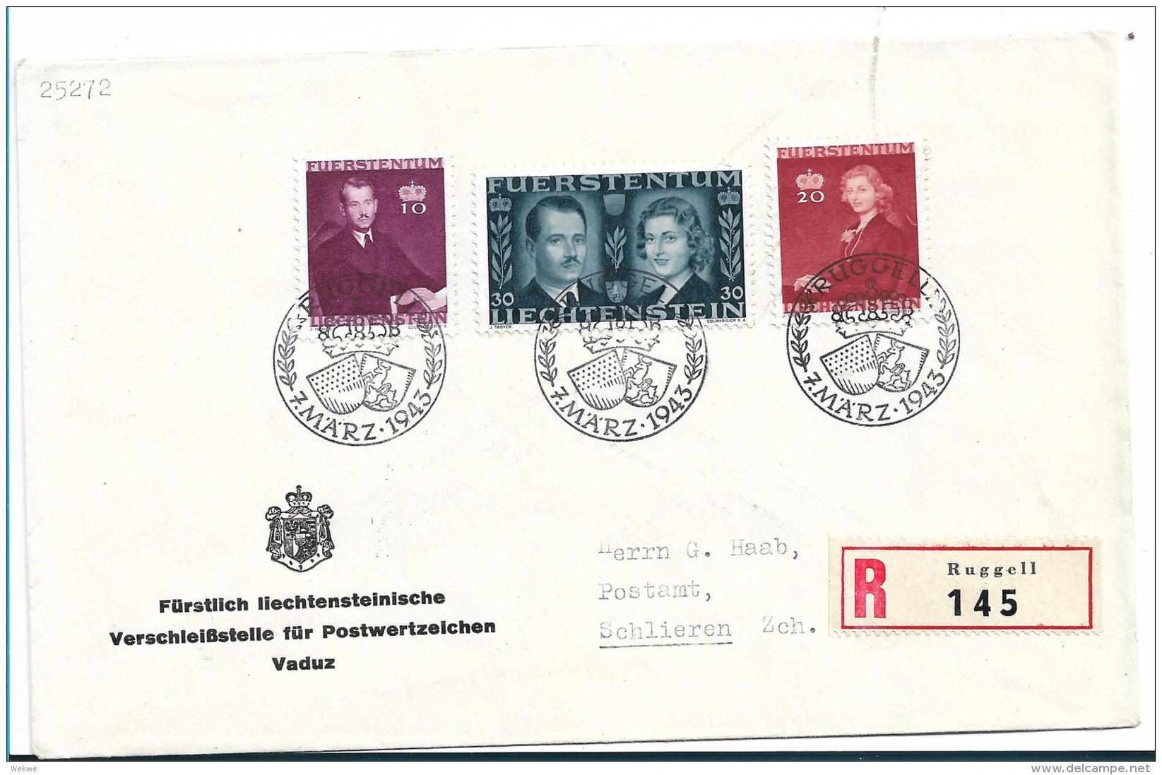 Liechtenstein XX003 /, Hochzeitsausgabe  7.3.1943 (FDC)n Von Ruggell Nach Schlieren, Einschreiben - Covers & Documents