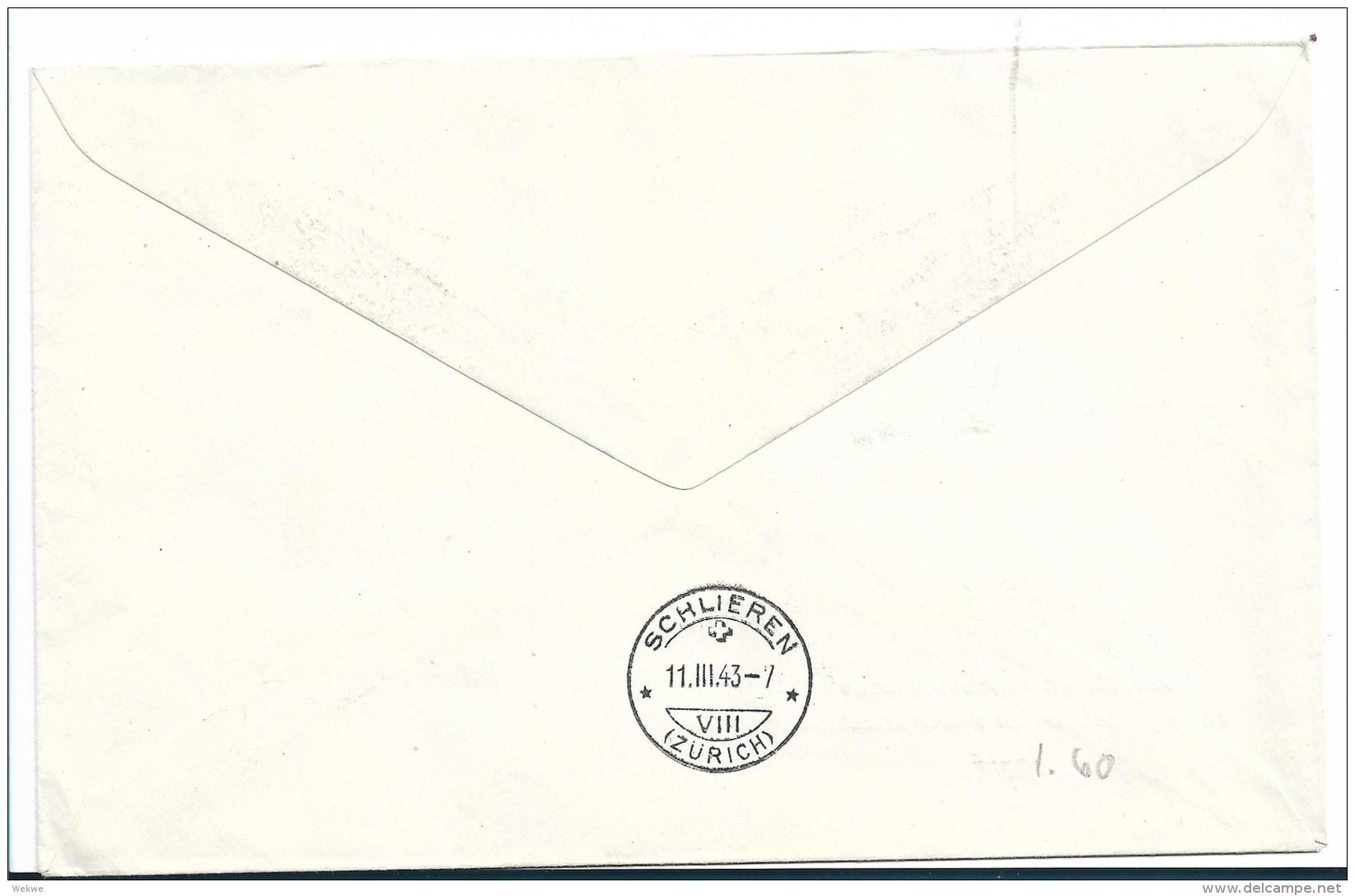 Liechtenstein XX003 /, Hochzeitsausgabe  7.3.1943 (FDC)n Von Ruggell Nach Schlieren, Einschreiben - Briefe U. Dokumente