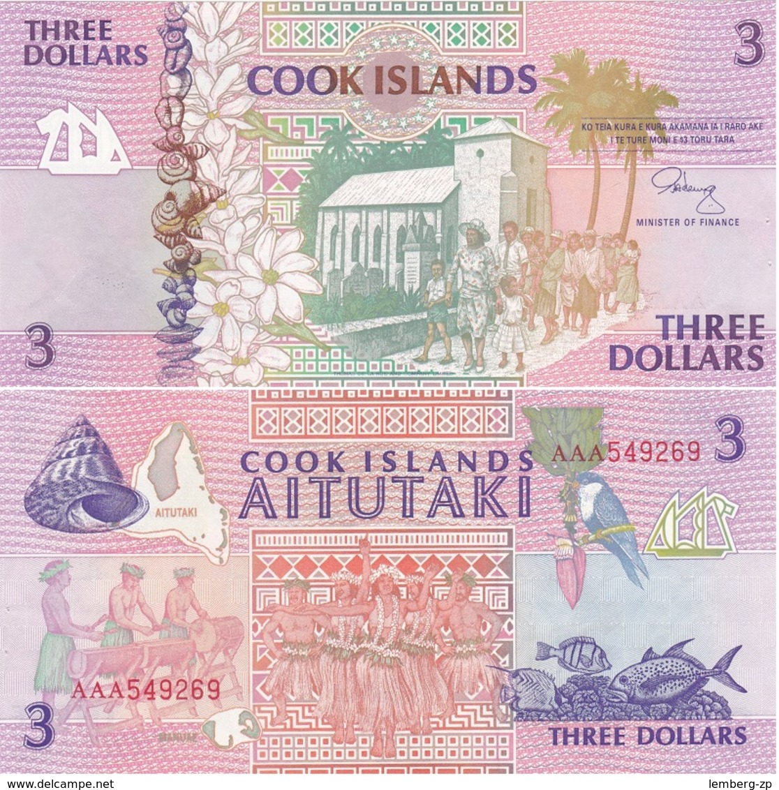 Cook Islands - 5 Pcs X 3 Dollars 1992 UNC Lemberg-Zp - Cook Islands