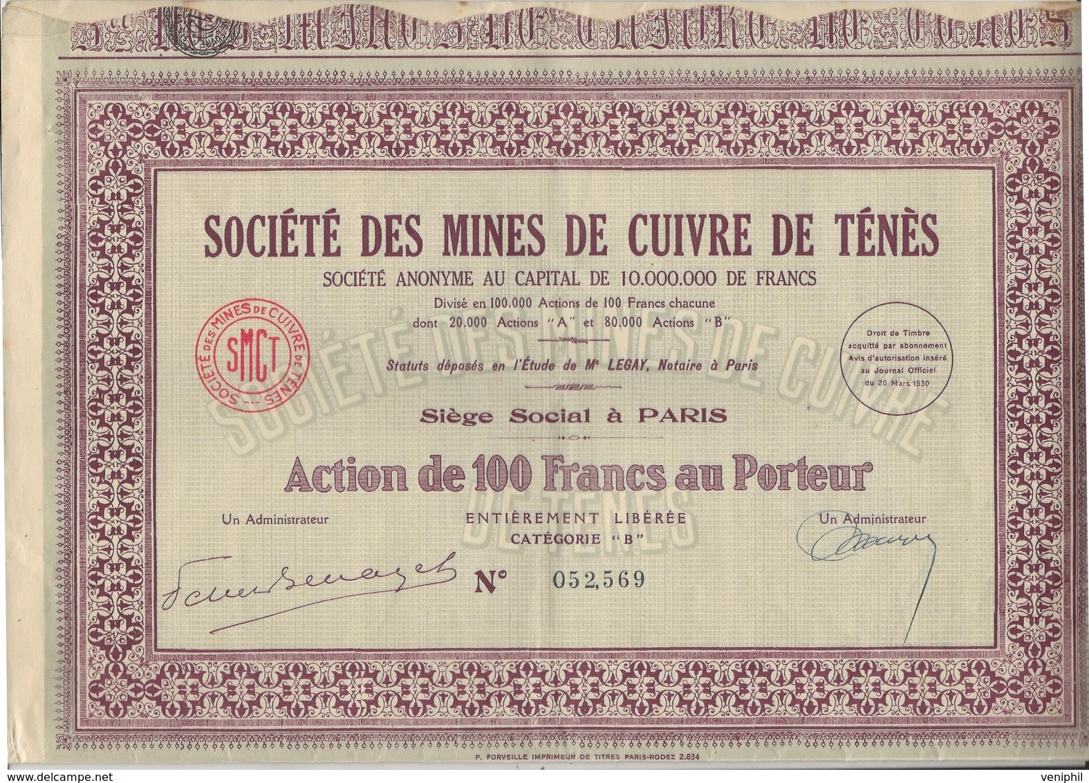 SOCIETE DES MINES DE CUIVRE DE TENES -ALGERIE- ACTION 100 FRS -CATEGORIE B - 1930 - Mines