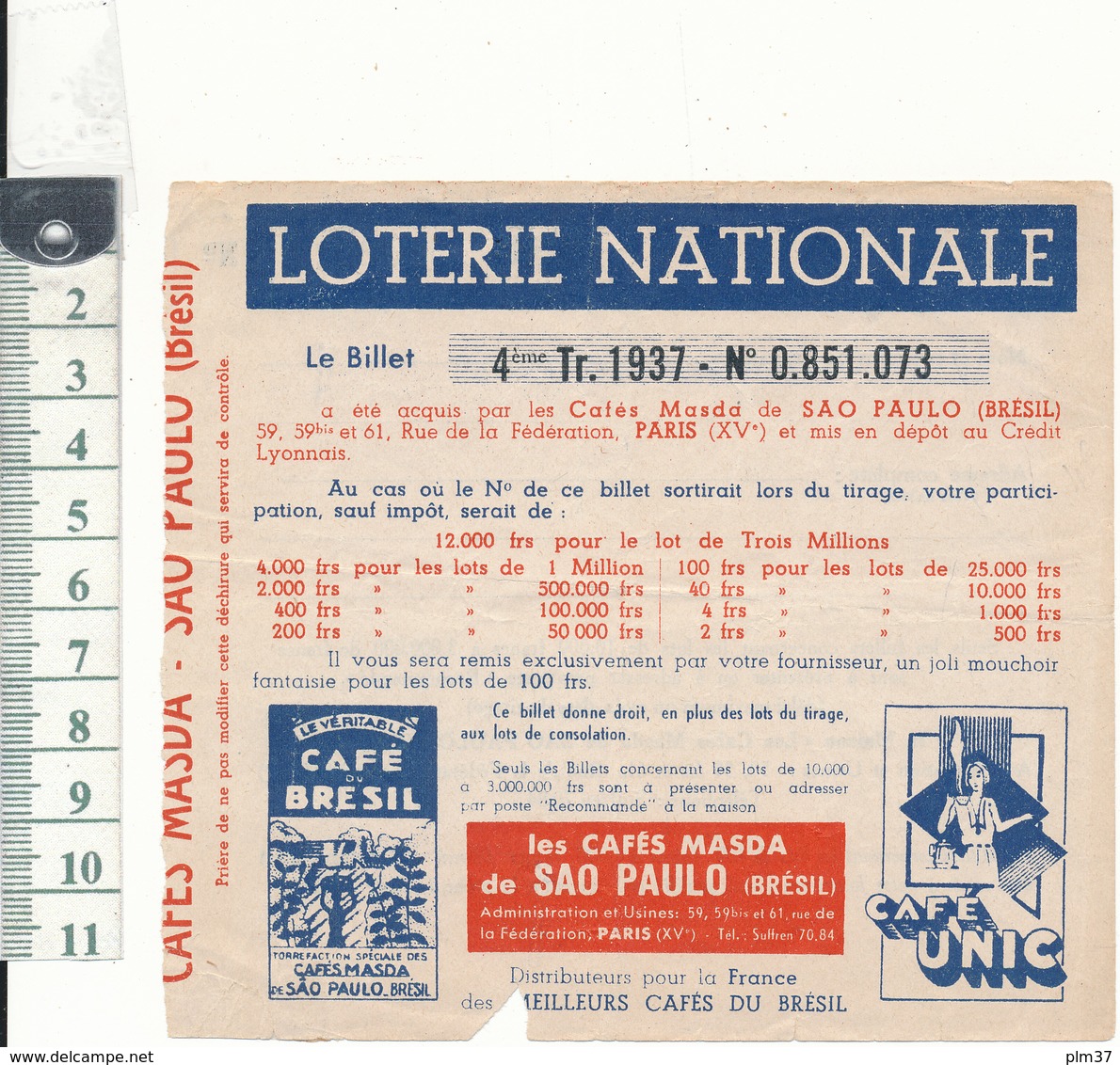 LOTERIE NATIONALE 1937 - Les Cafés Masda De Sao Paulo - Lottery Tickets