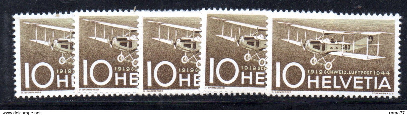 106/1500 - SVIZZERA 1944 , Posta Aerea Unificato N. 36  ***  MNH  : Cinque Esemplari - Nuovi