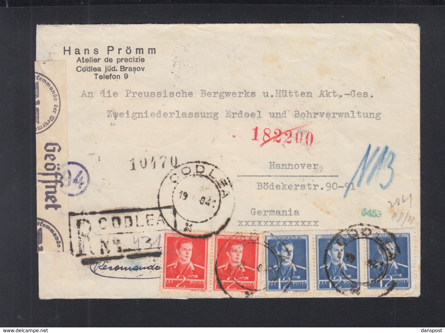 Romania Registered Cover 1941 Codlea To Germany Censor - Lettres 2ème Guerre Mondiale
