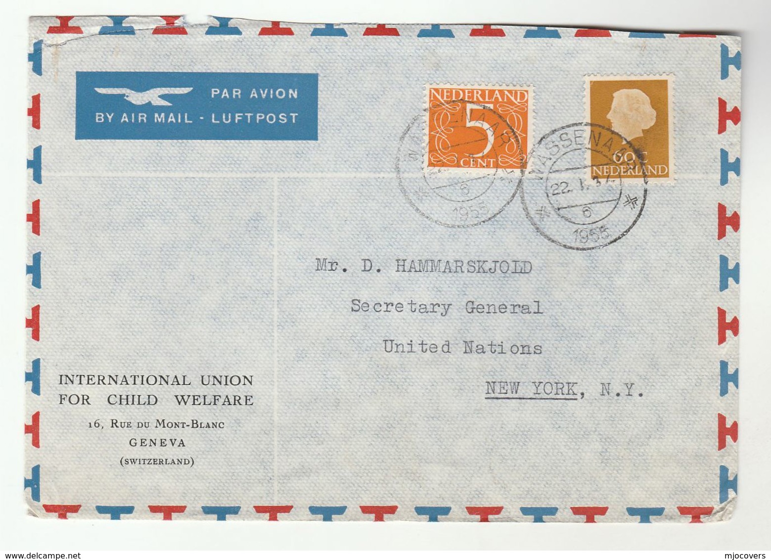 1955 Internat CHILD WELFARE UNION To DAG HAMMARSKJOLD UN SECRETARY GENERAL  Netherlands To USA United Nations Cover - UNO